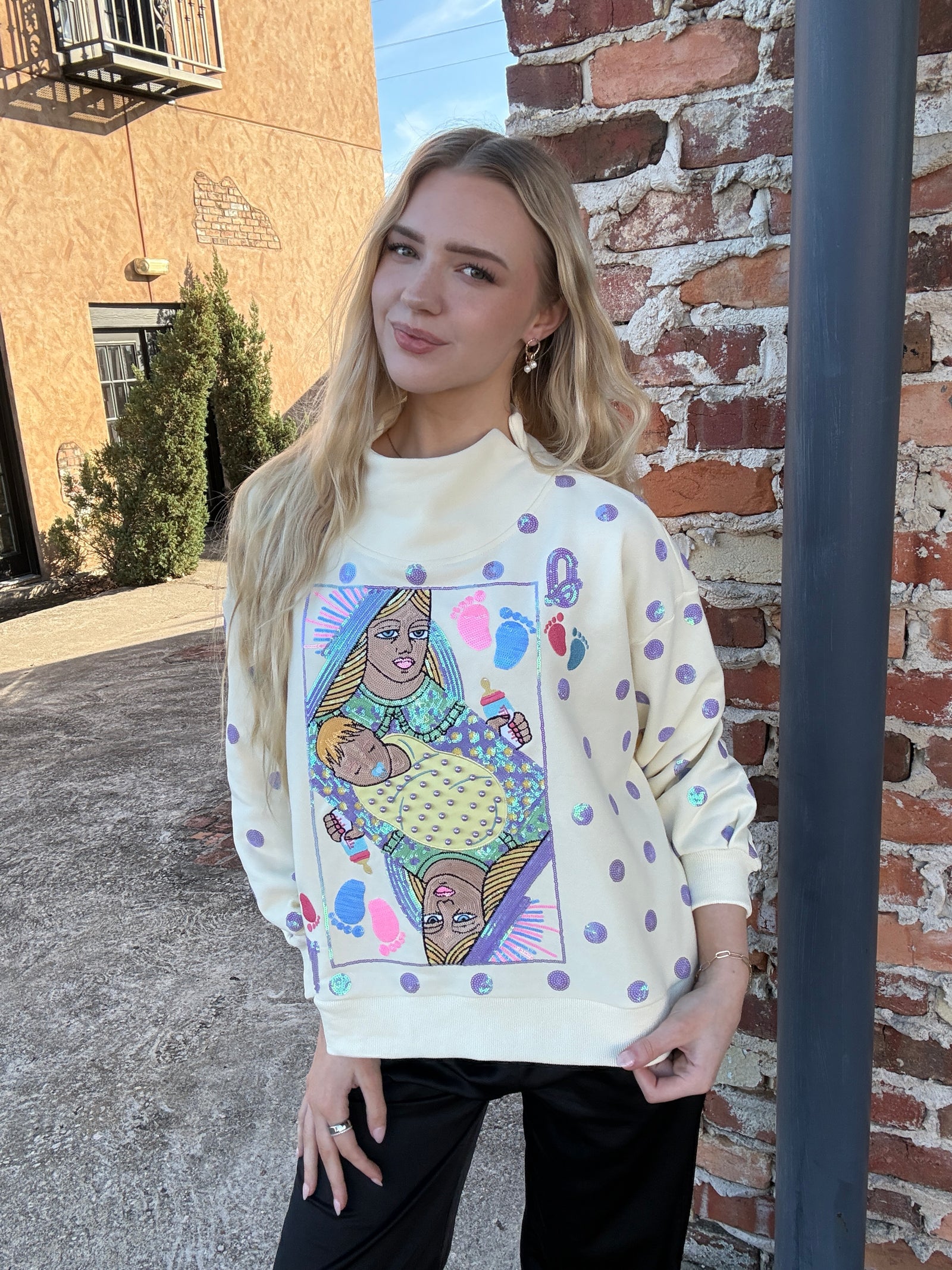 Queen of Sparkles Beige & Lavender Polka Dot Sparkle Mama Logo Sweatshirt