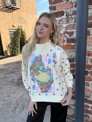 Queen of Sparkles Beige & Lavender Polka Dot Sparkle Mama Logo Sweatshirt