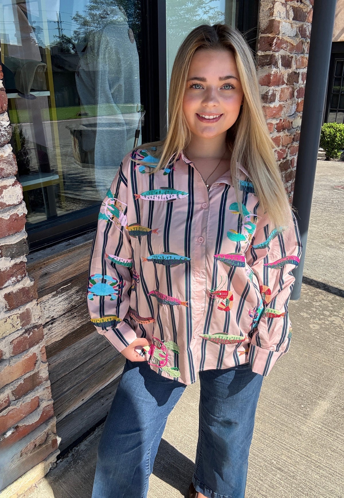 Queen of Sparkles Light Pink Stripe Multi Sea Creature Cotton Top