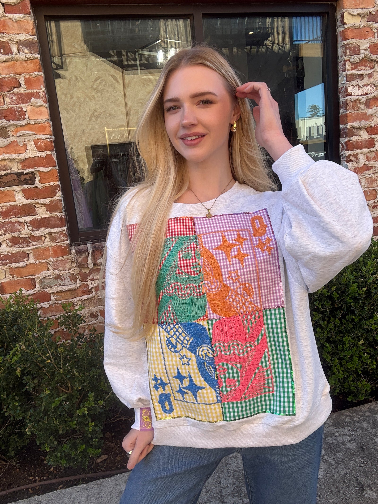 Queen of Sparkles Grey Colorblock Gingham QOS Card Logo Sweatshirt