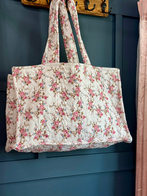 Ida Mae Rosey Floral White Quilted Tote Bag