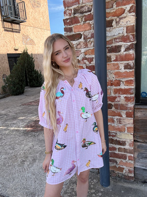 Queen of Sparkles Light Pink Gingham Scattered Duck Button Up Cotton Dress