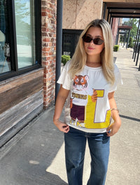 Queen of Sparkles Licensed LSU Mascot Leaning on Letter Tee