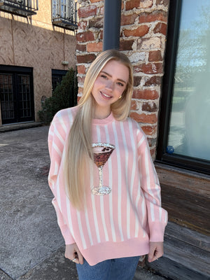 Queen of Sparkles Light Pink & White Stripe Espresso Martini Sweater