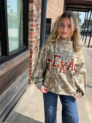 Queen of Sparkles Licensed Texas Mockneck Camo Sweatshirt