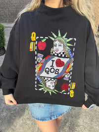 Queen of Sparkles Black NYC Queen Card Mock Neck Sweatshirt