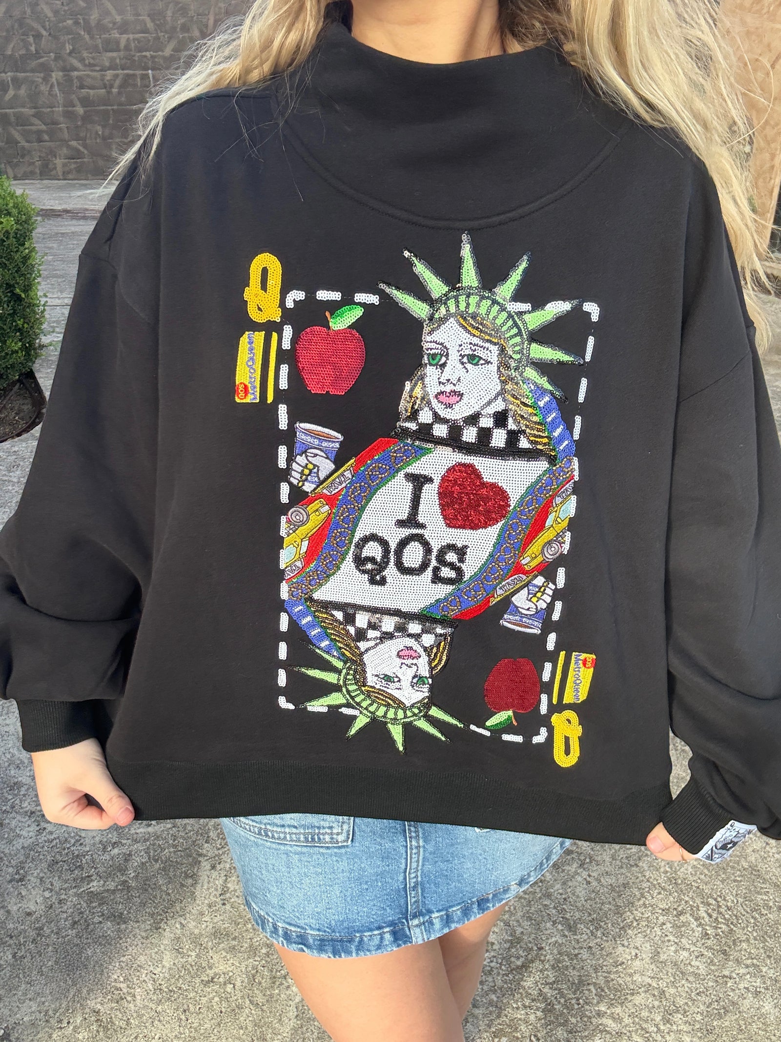 Queen of Sparkles Black NYC Queen Card Mock Neck Sweatshirt