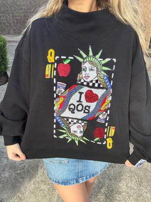 Queen of Sparkles Black NYC Queen Card Mock Neck Sweatshirt