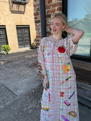 Queen of Sparkles Rainbow Plaid Teacher Icon Button Up Cotton Midi Dress