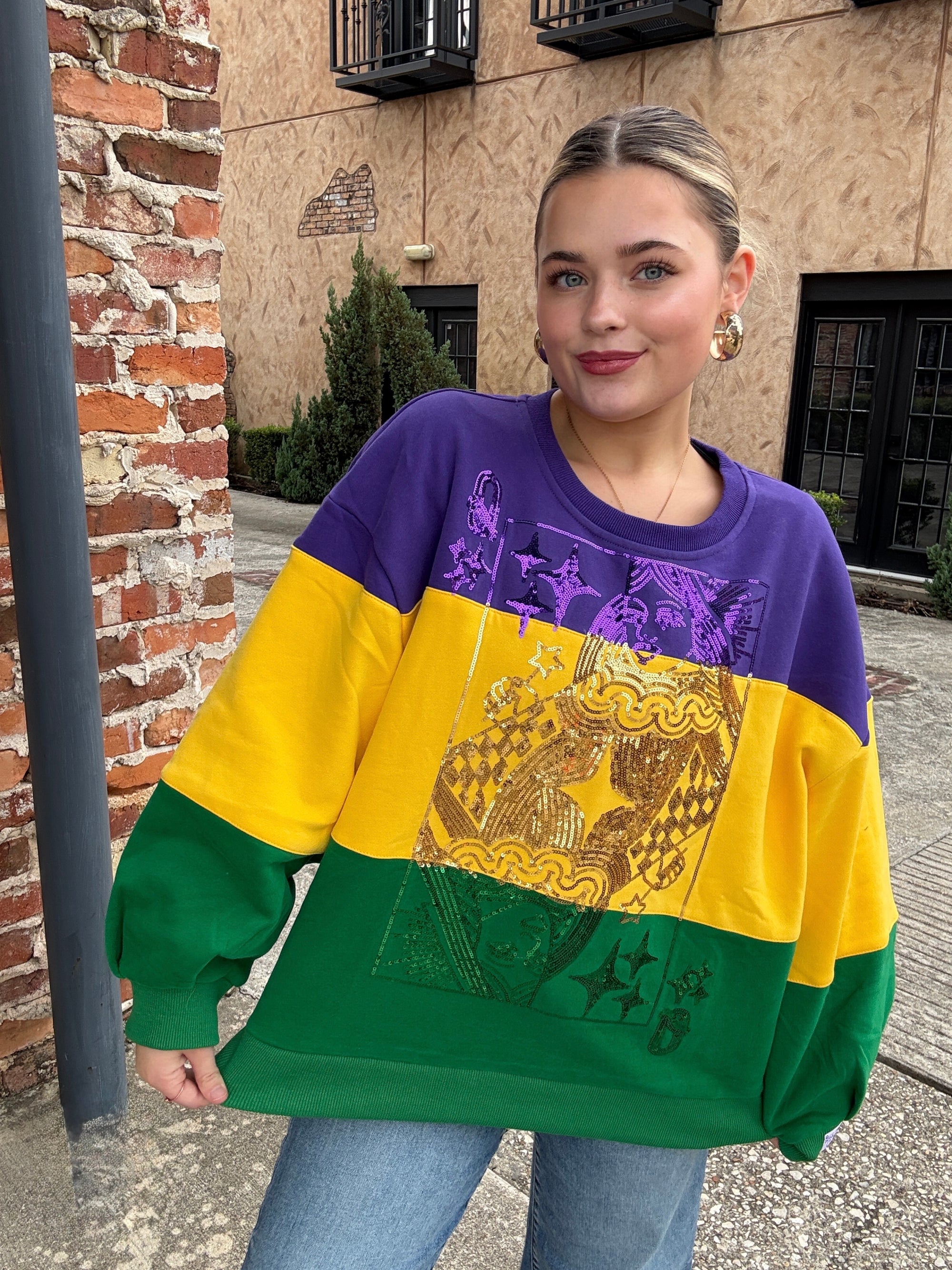 Queen of Sparkles Purple, Yellow & Green Striped Queen Card Sweatshirt