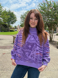 Queen of Sparkles Purple Sequin Tiger Print QOS Card Mock Neck Sweatshirt