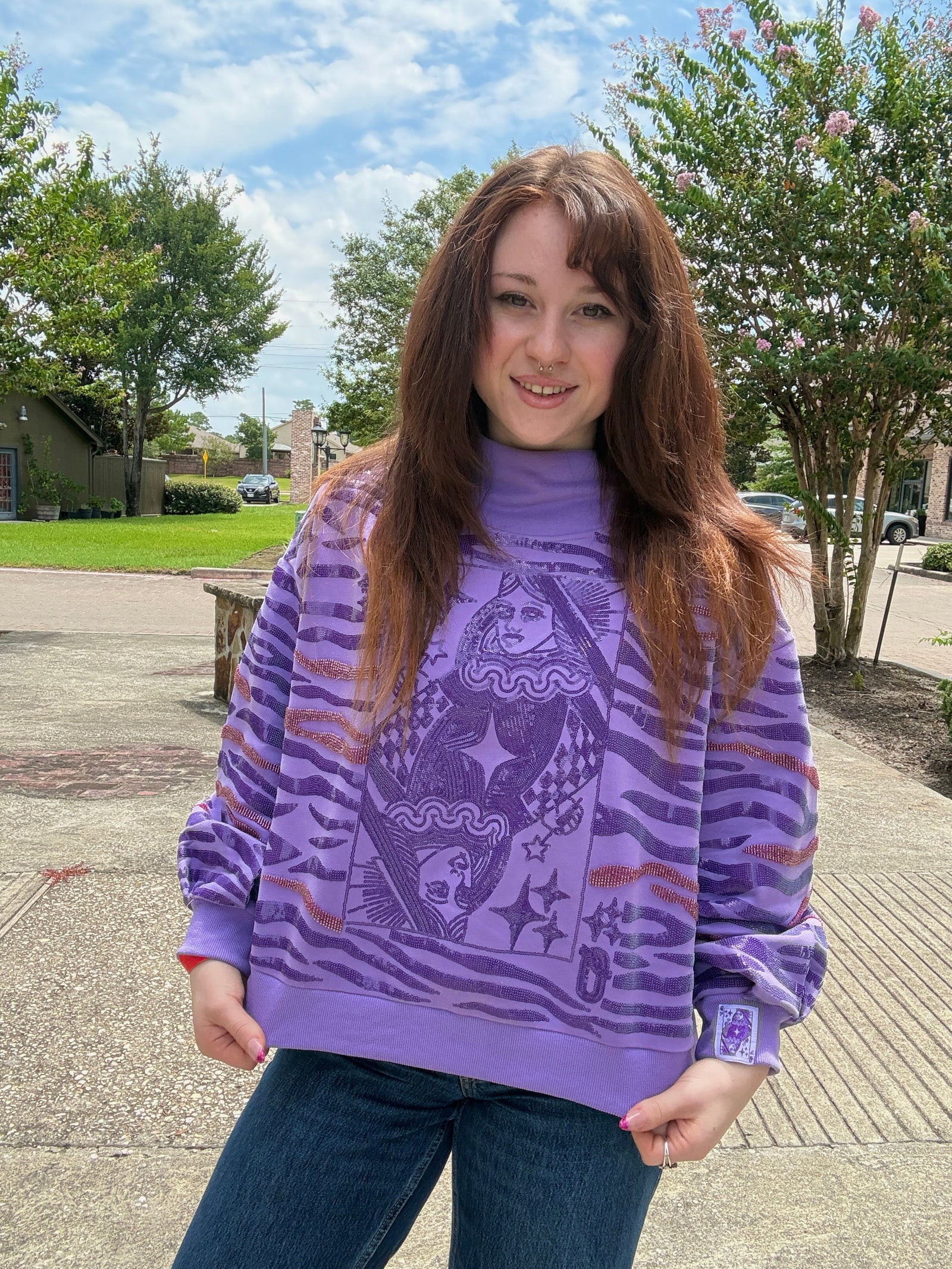 Queen of Sparkles Purple Sequin Tiger Print QOS Card Mock Neck Sweatshirt