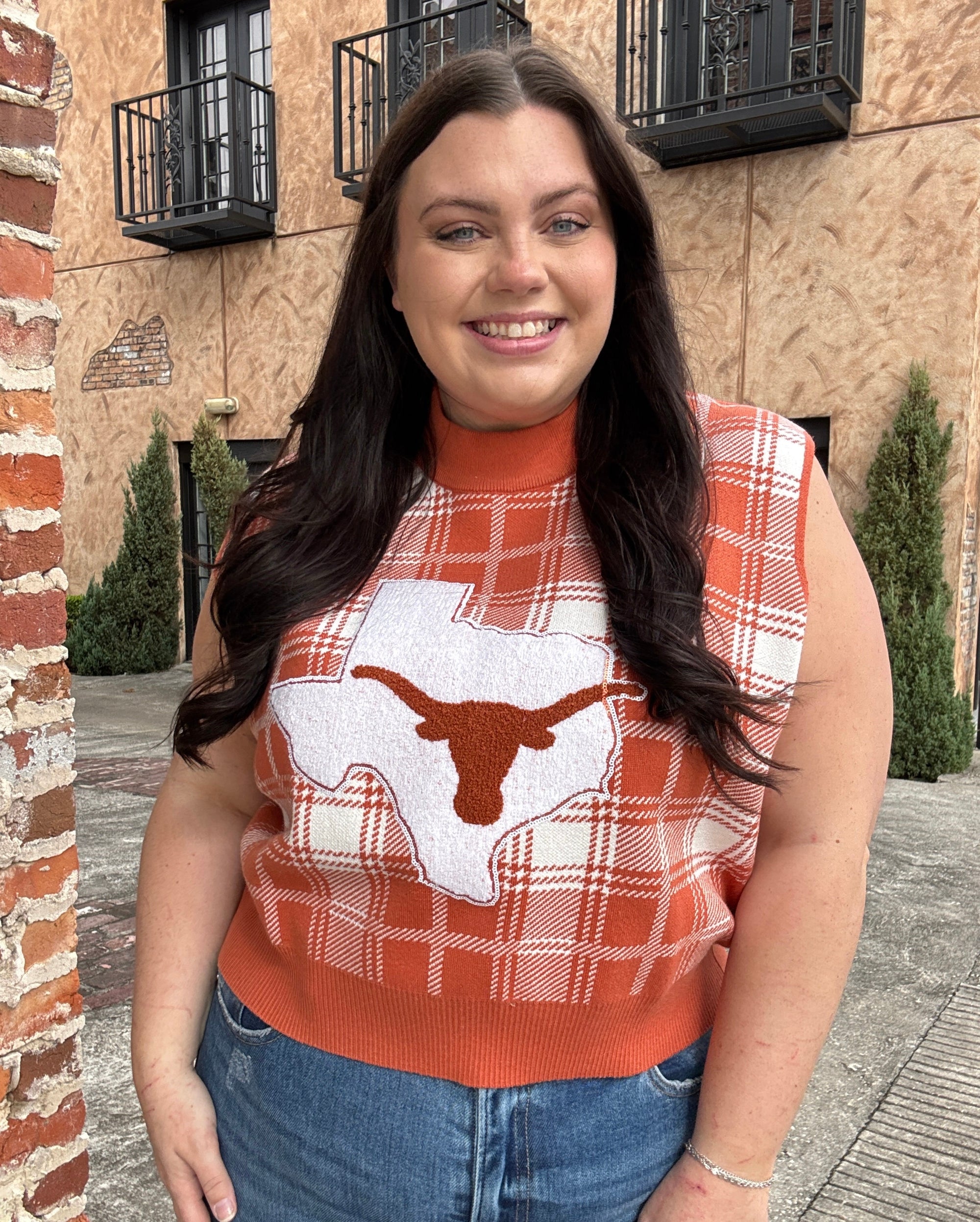 Queen of Sparkles Licensed- Burnt Orange & White Plaid UT Sweater Vest