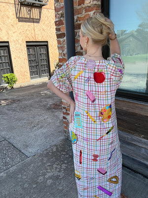 Queen of Sparkles Rainbow Plaid Teacher Icon Button Up Cotton Midi Dress