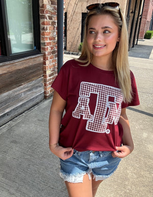 Queen of Sparkles Licensed Texas A&M Gingham Mascot Tee