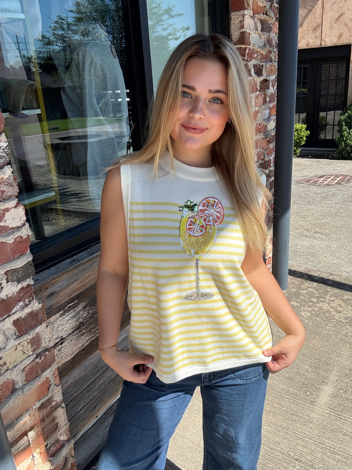 Queen of Sparkles Ivory & Yellow Stripe Cocktail Knit Tank