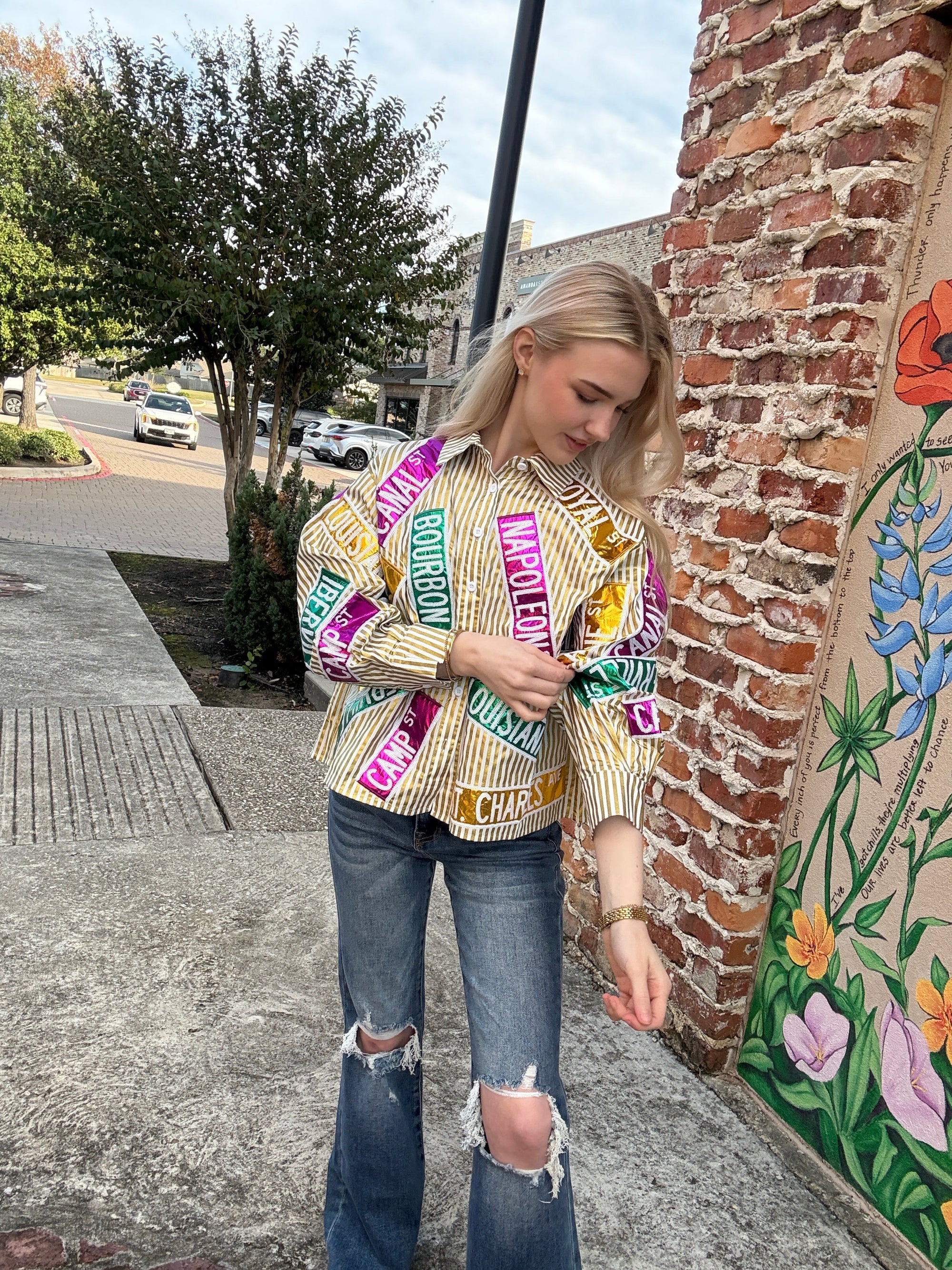 Queen of Sparkles Metallic Gold Stripe Nola Street Signs Button Up Top