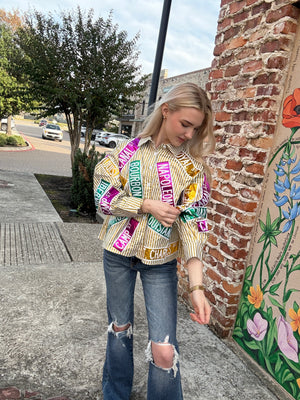 Queen of Sparkles Metallic Gold Stripe Nola Street Signs Button Up Top