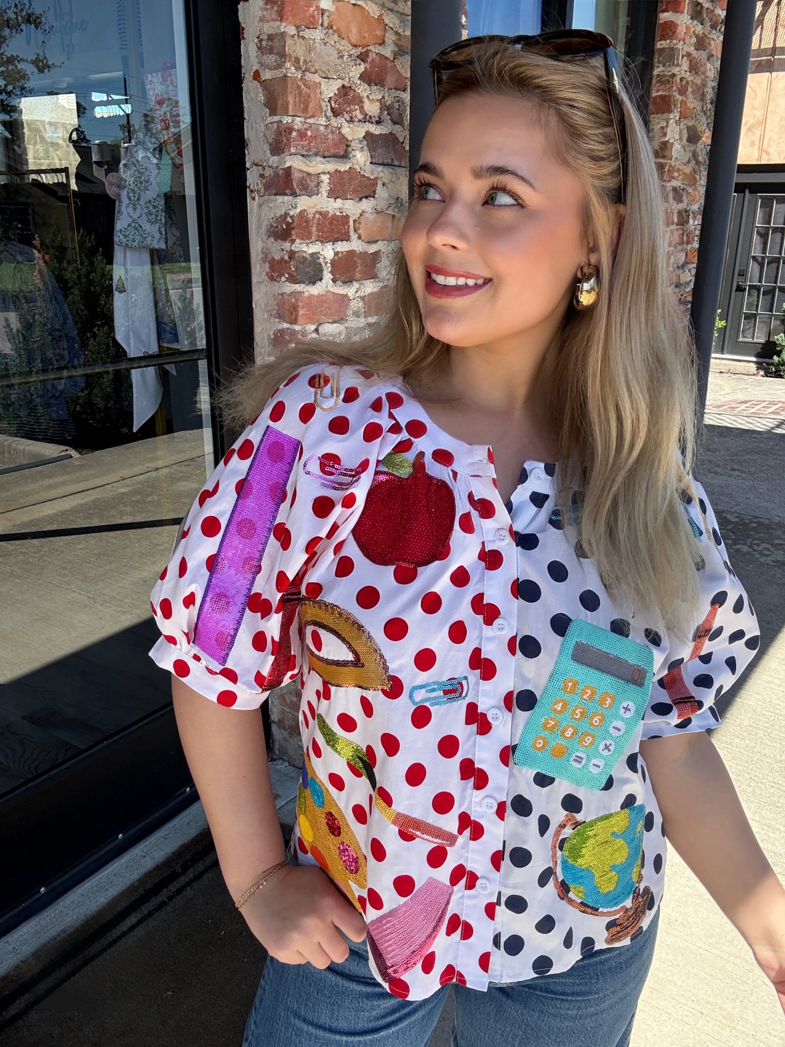 Queen of Sparkles Colorblock Polka Dot Teacher Icon Button Up Top