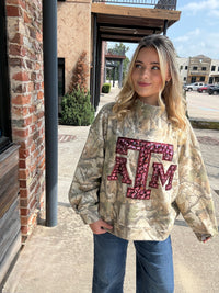 Queen of Sparkles Licensed Texas A&M Mockneck Camo Sweatshirt