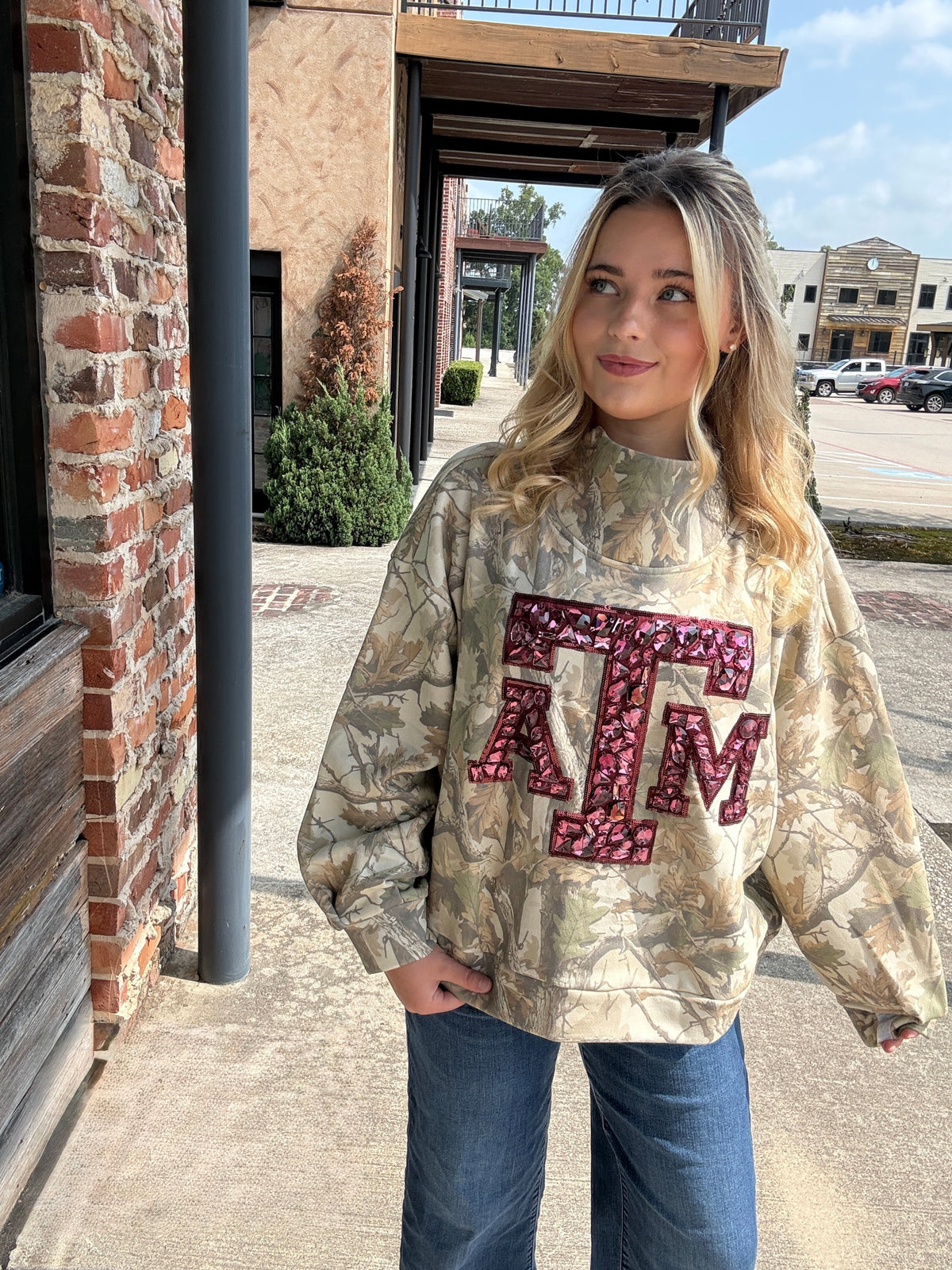 Queen of Sparkles Licensed Texas A&M Mockneck Camo Sweatshirt