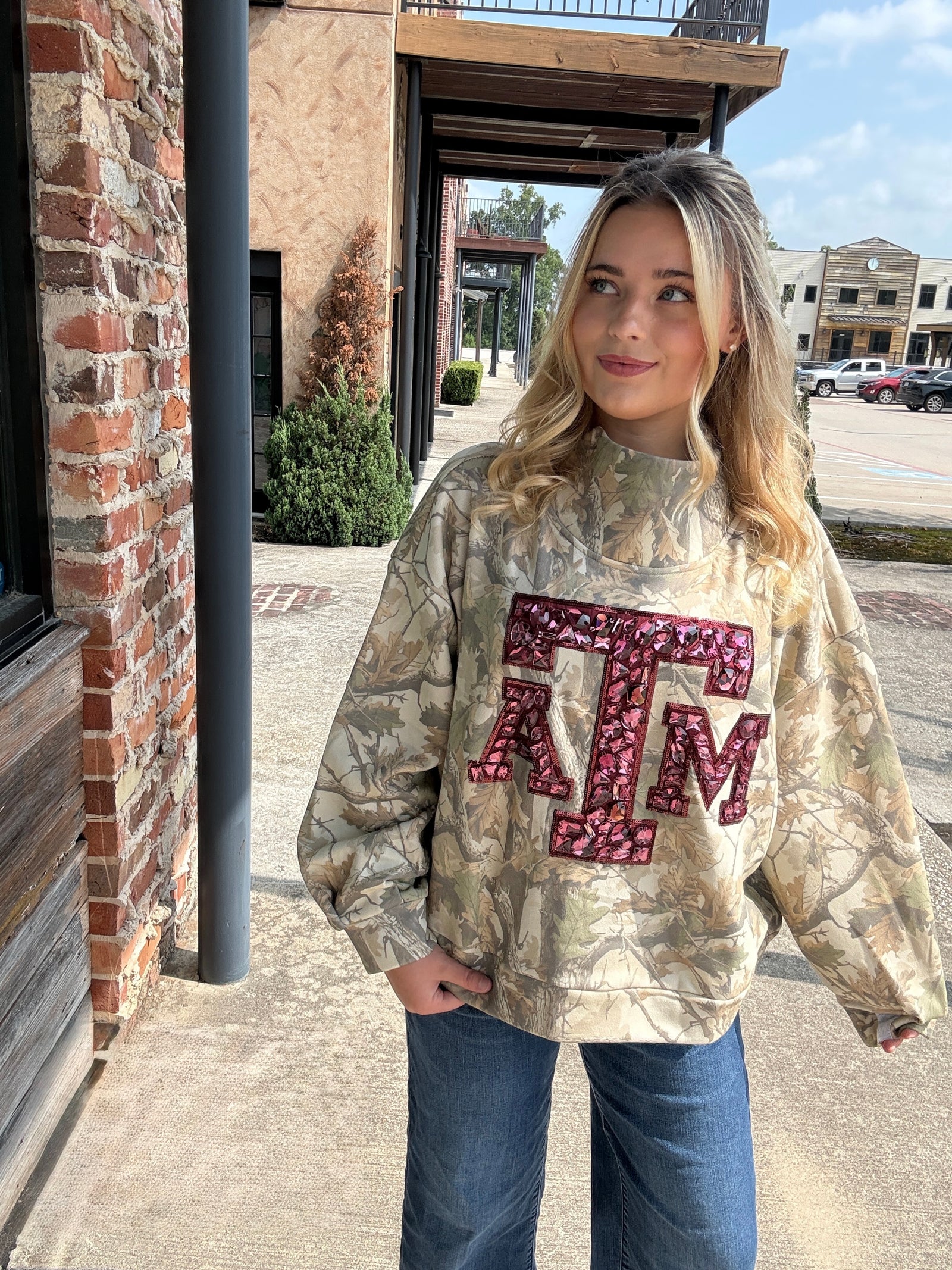 Queen of Sparkles Licensed Texas A&M Mockneck Camo Sweatshirt