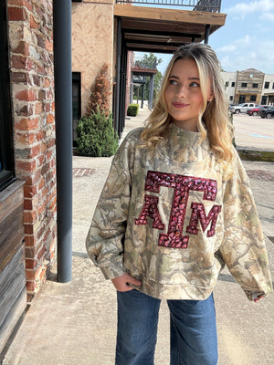 Queen of Sparkles Licensed Texas A&M Mockneck Camo Sweatshirt