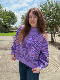 Queen of Sparkles Purple Sequin Tiger Print QOS Card Mock Neck Sweatshirt