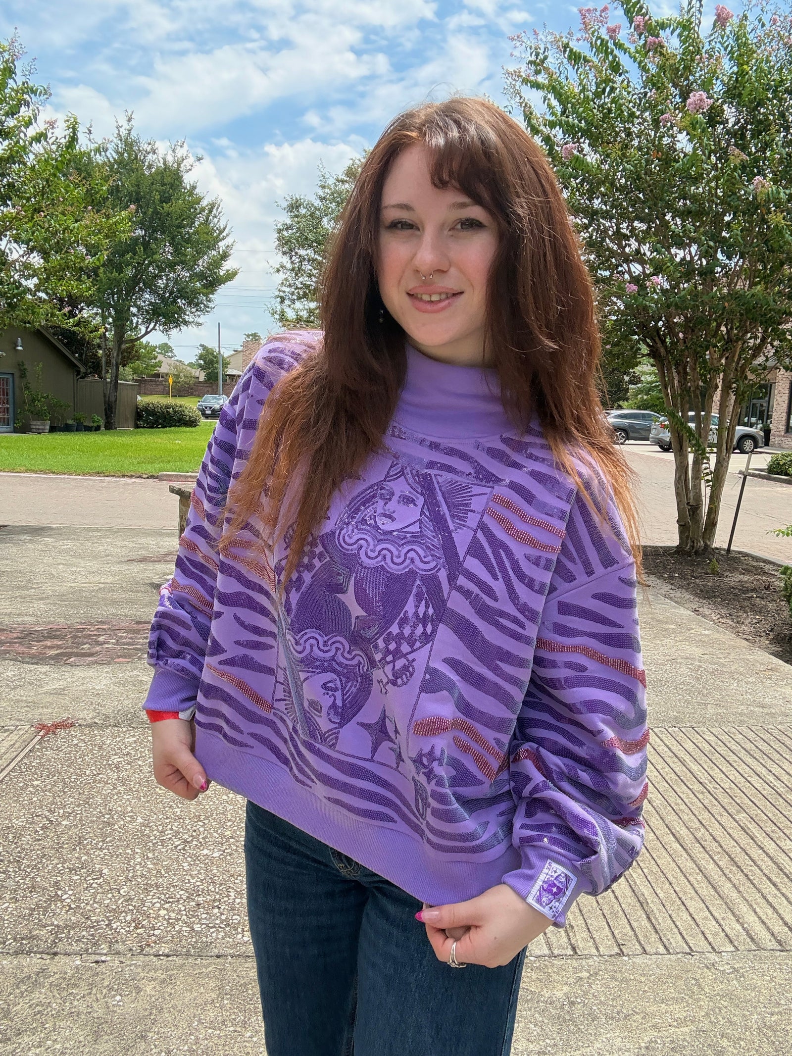 Queen of Sparkles Purple Sequin Tiger Print QOS Card Mock Neck Sweatshirt