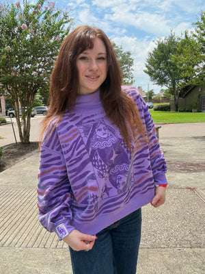 Queen of Sparkles Purple Sequin Tiger Print QOS Card Mock Neck Sweatshirt