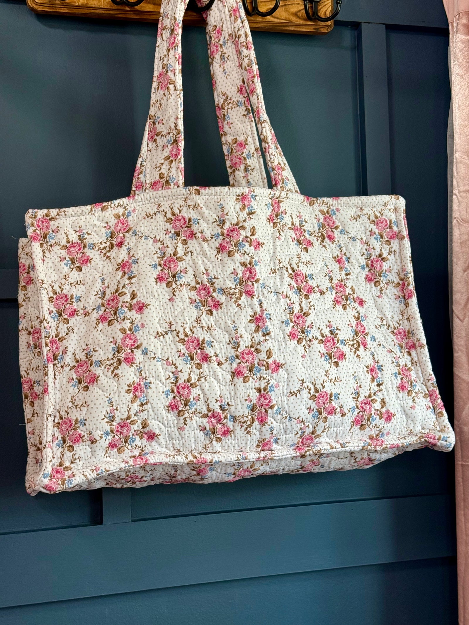 Ida Mae Rosey Floral White Quilted Tote Bag