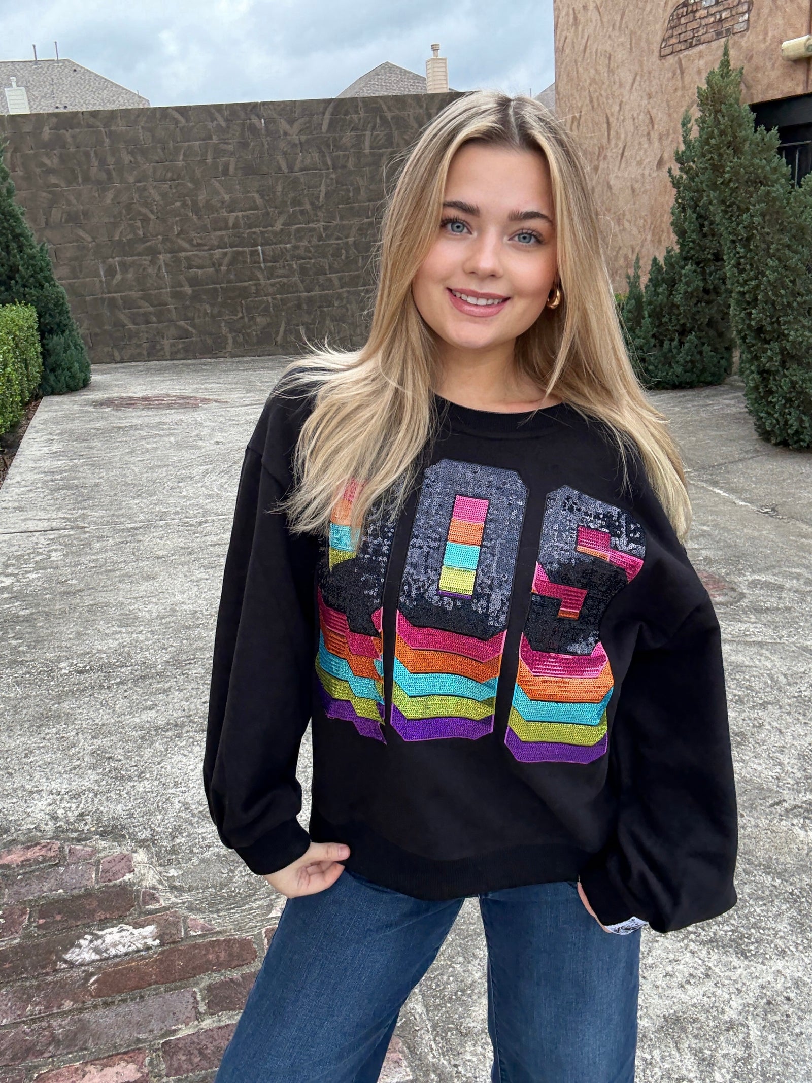 Queen of Sparkles Black Rainbow QOS Logo Sweatshirt