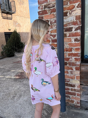 Queen of Sparkles Light Pink Gingham Scattered Duck Button Up Cotton Dress