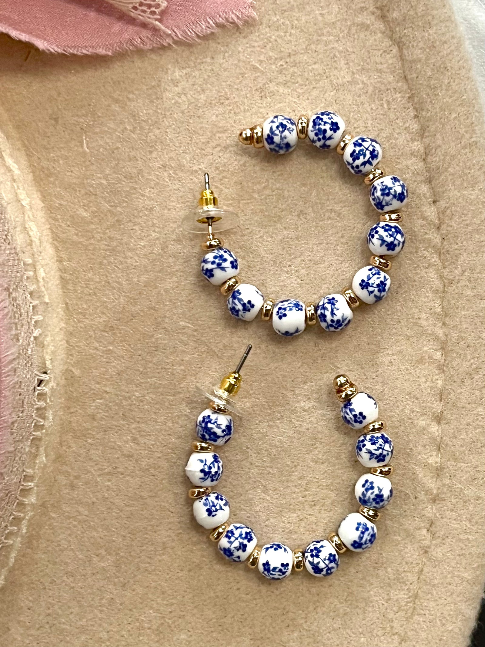 Blue Floral Beaded Hoops