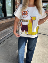 Queen of Sparkles Licensed LSU Mascot Leaning on Letter Tee