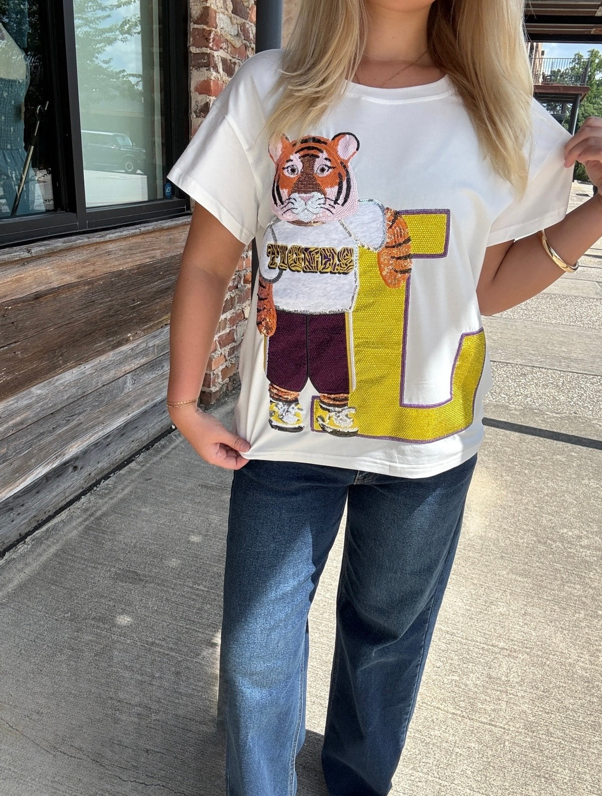 Queen of Sparkles Licensed LSU Mascot Leaning on Letter Tee