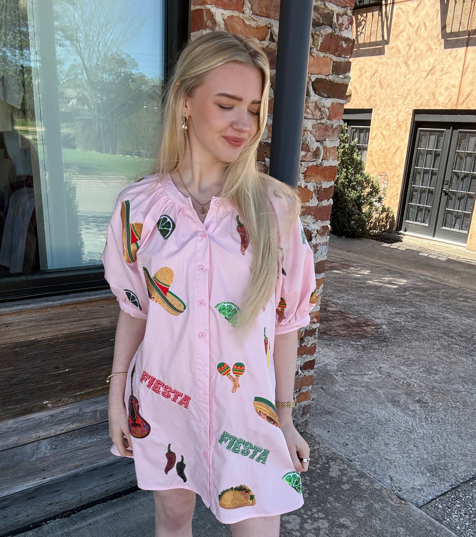 Queen of Sparkles Light Pink Cinco Icon Button Up Cotton Dress