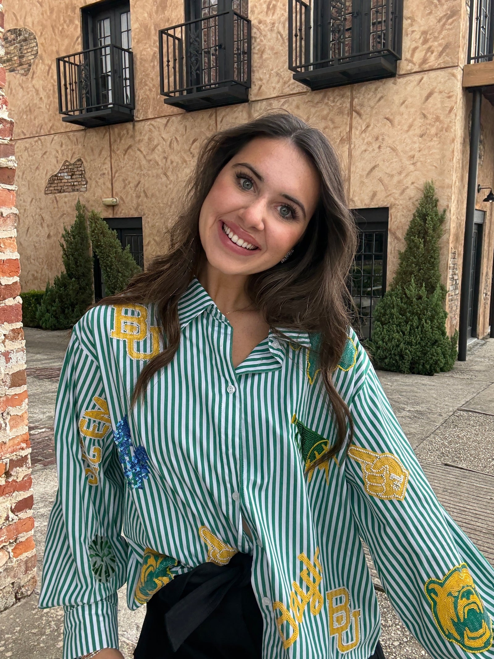 Queen of Sparkles Licensed Baylor Mini Icon Striped Button Down Long Sleeve Top