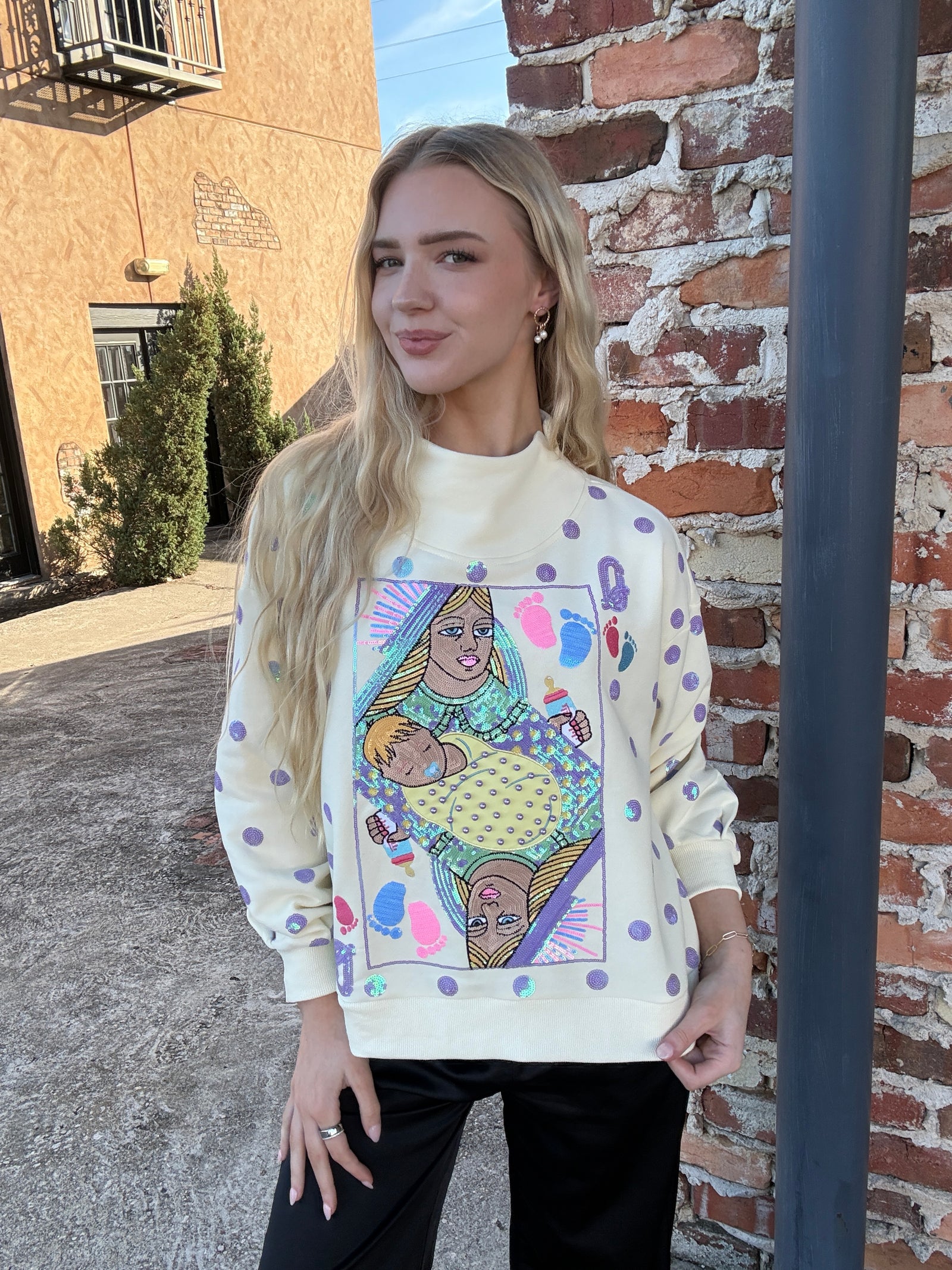 Queen of Sparkles Beige & Lavender Polka Dot Sparkle Mama Logo Sweatshirt