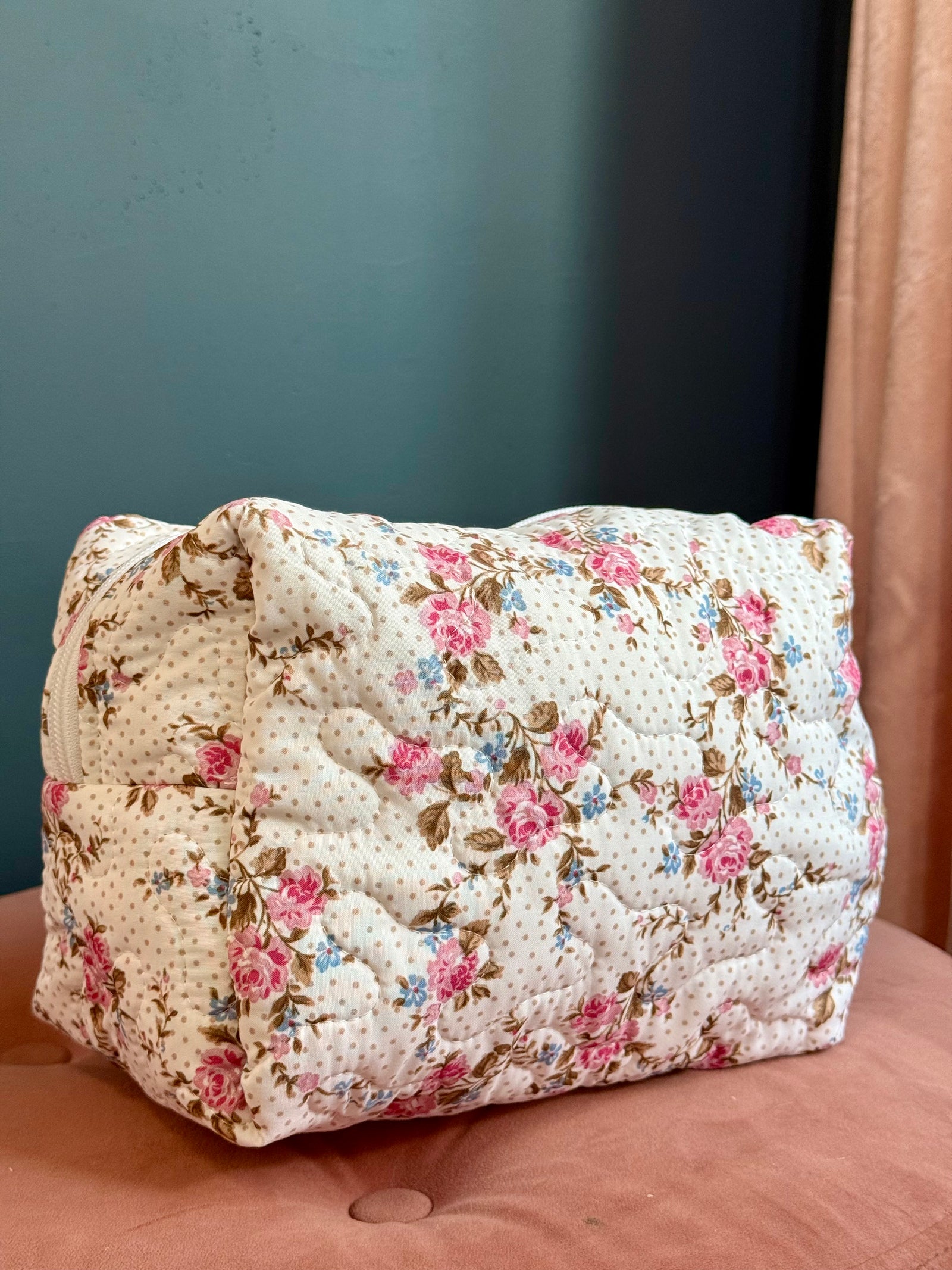 Ida Mae Rosey Floral White Quilted Makeup Bag