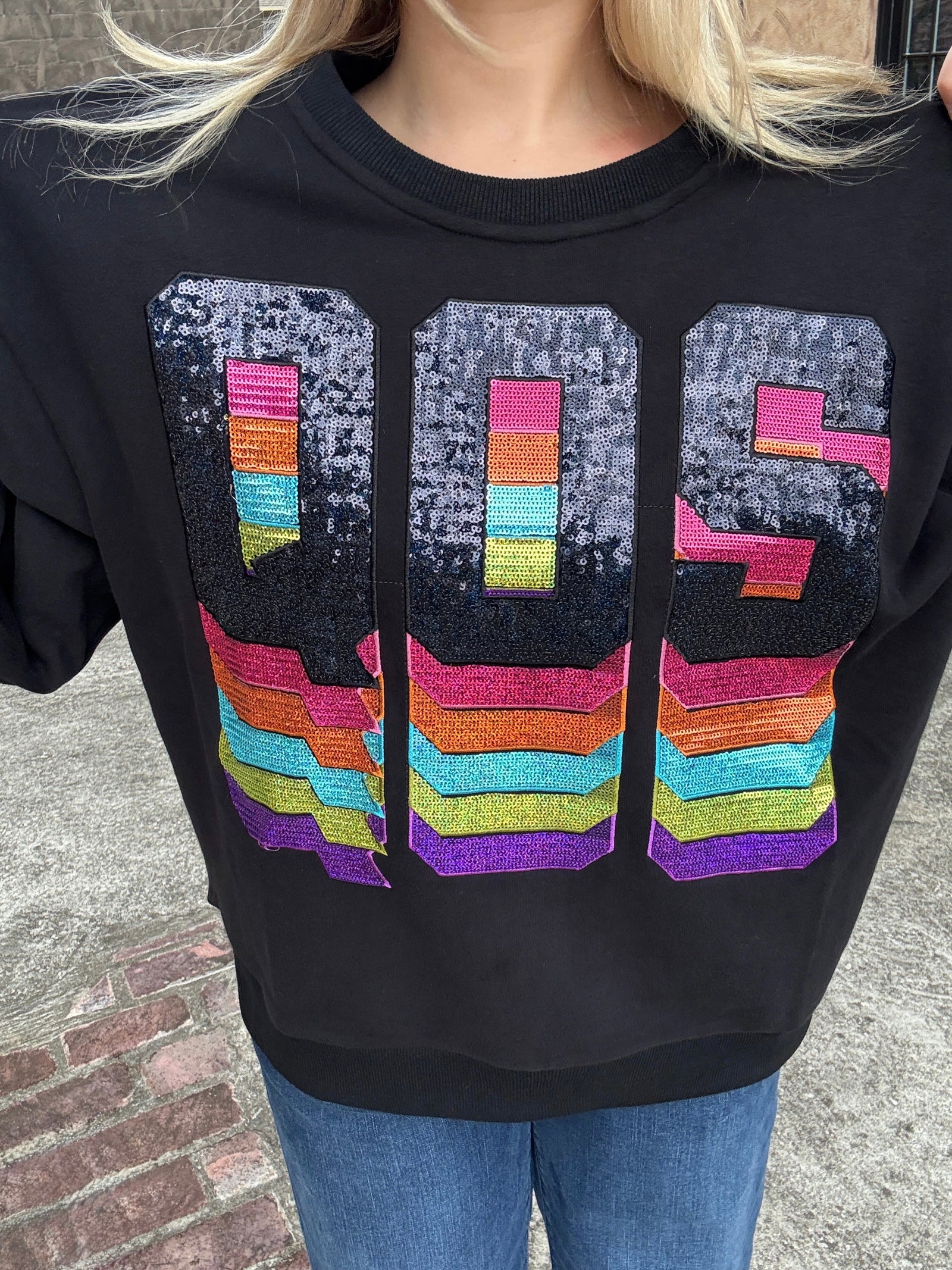 Queen of Sparkles Black Rainbow QOS Logo Sweatshirt