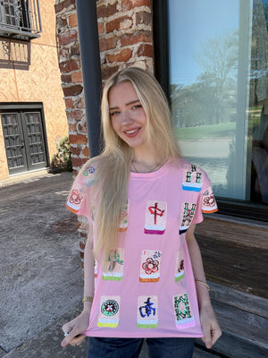 Queen of Sparkles Light Pink Scattered Mahjong Tee