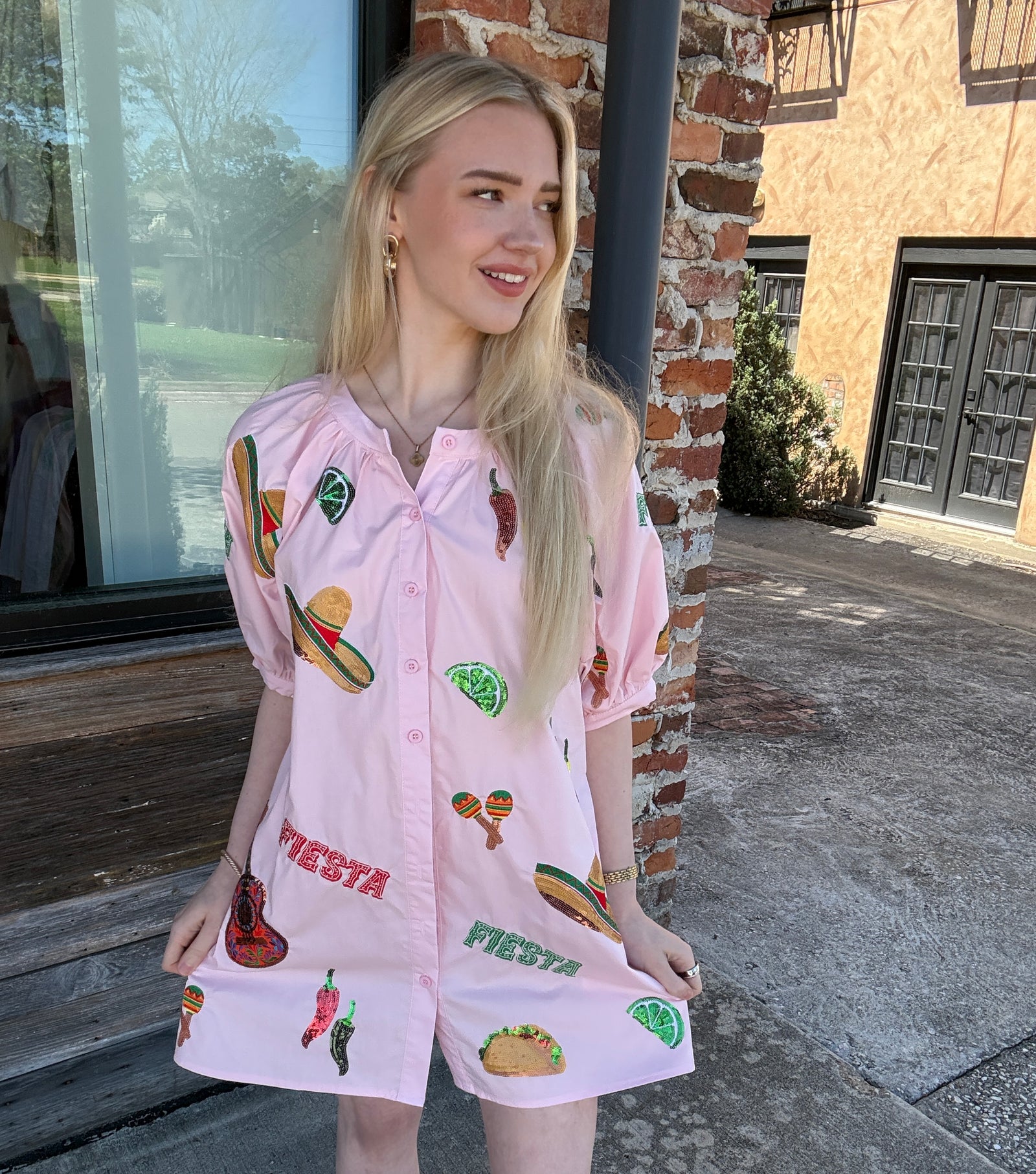 Queen of Sparkles Light Pink Cinco Icon Button Up Cotton Dress