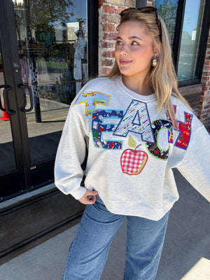 Queen of Sparkles Grey Multi Fabric 'Teach' Apple Sweatshirt