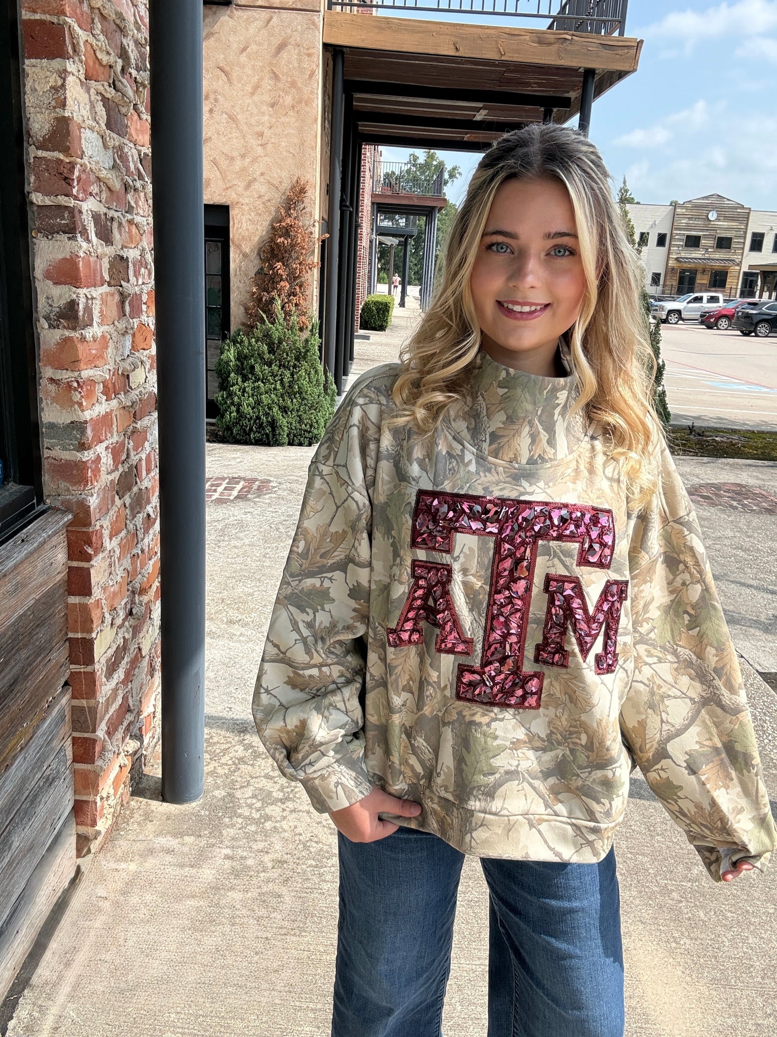 Queen of Sparkles Licensed Texas A&M Mockneck Camo Sweatshirt