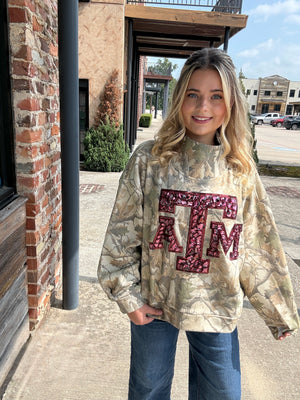 Queen of Sparkles Licensed Texas A&M Mockneck Camo Sweatshirt