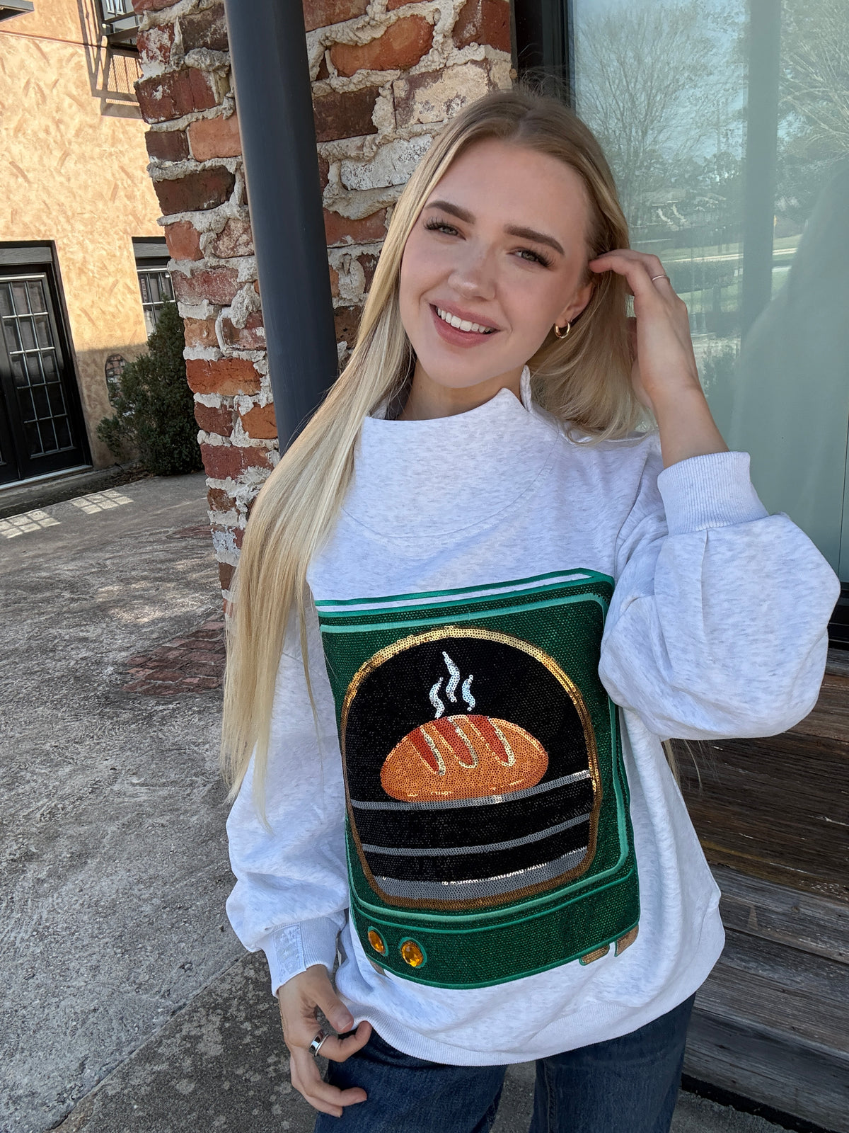 Queen of Sparkles Grey Bun in the Oven Mock Neck Sweatshirt