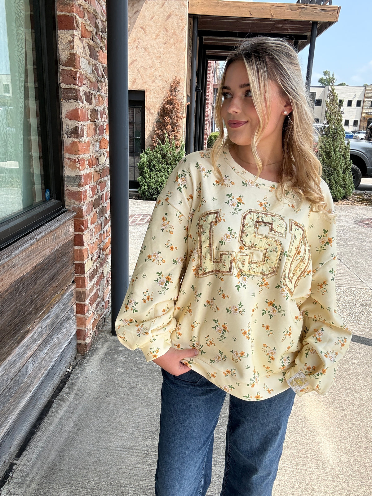 Queen of Sparkles Licensed LSU Yellow Floral Initial Sweatshirt
