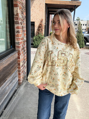 Queen of Sparkles Licensed LSU Yellow Floral Initial Sweatshirt