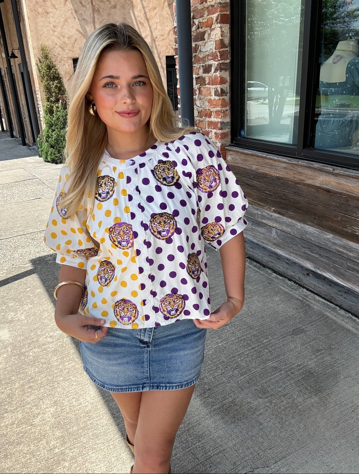 Queen of Sparkles Licensed LSU Mascot Polka Dot Colorblock Button Up Top